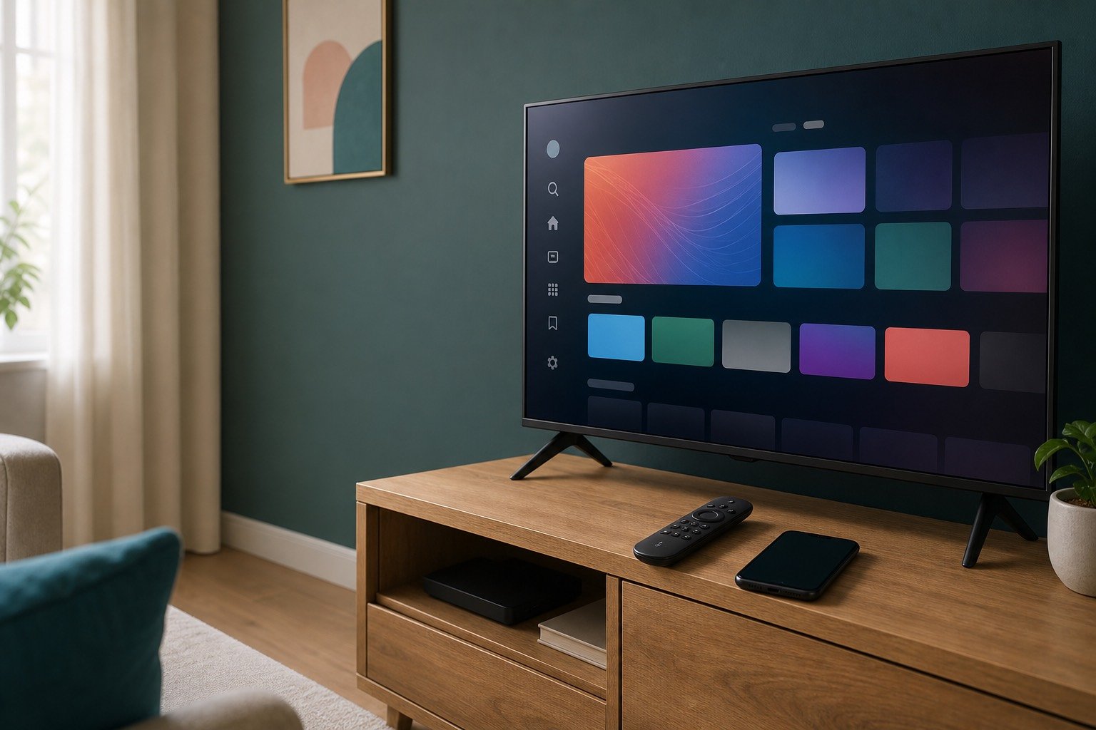 Television, remote and phone arranged for a streaming app setup