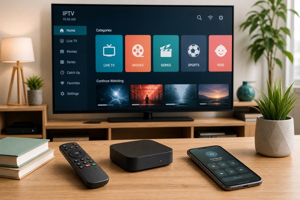 Smart TV remote, streaming box, and phone prepared for IPTV setup