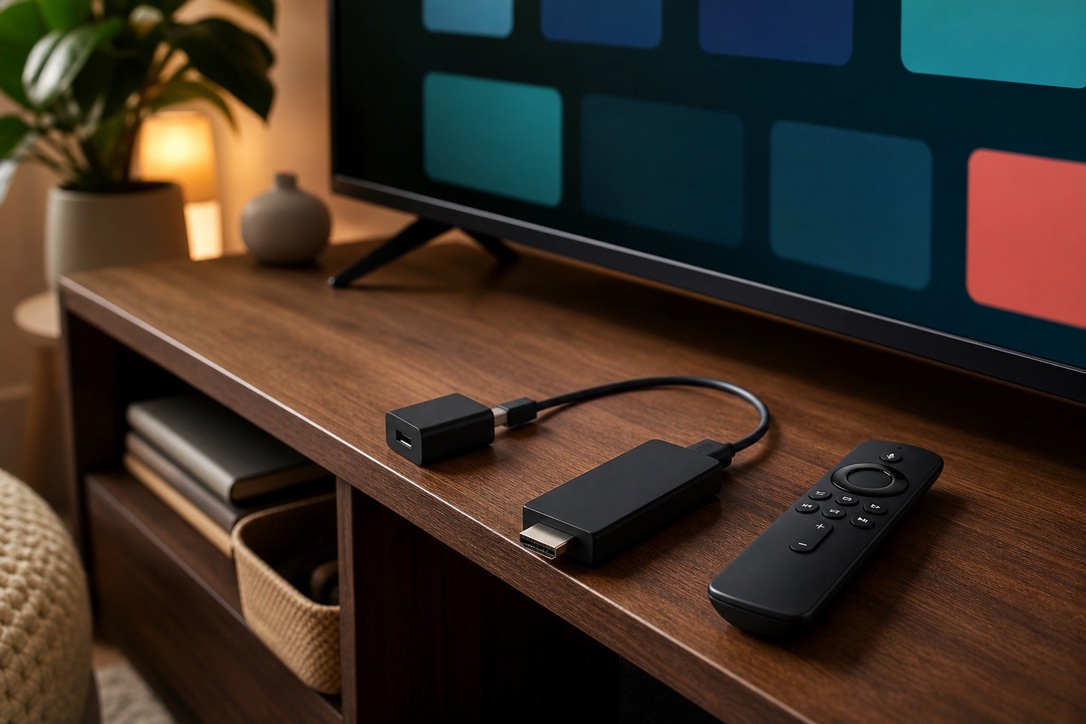 Generic streaming stick and remote prepared beside a television