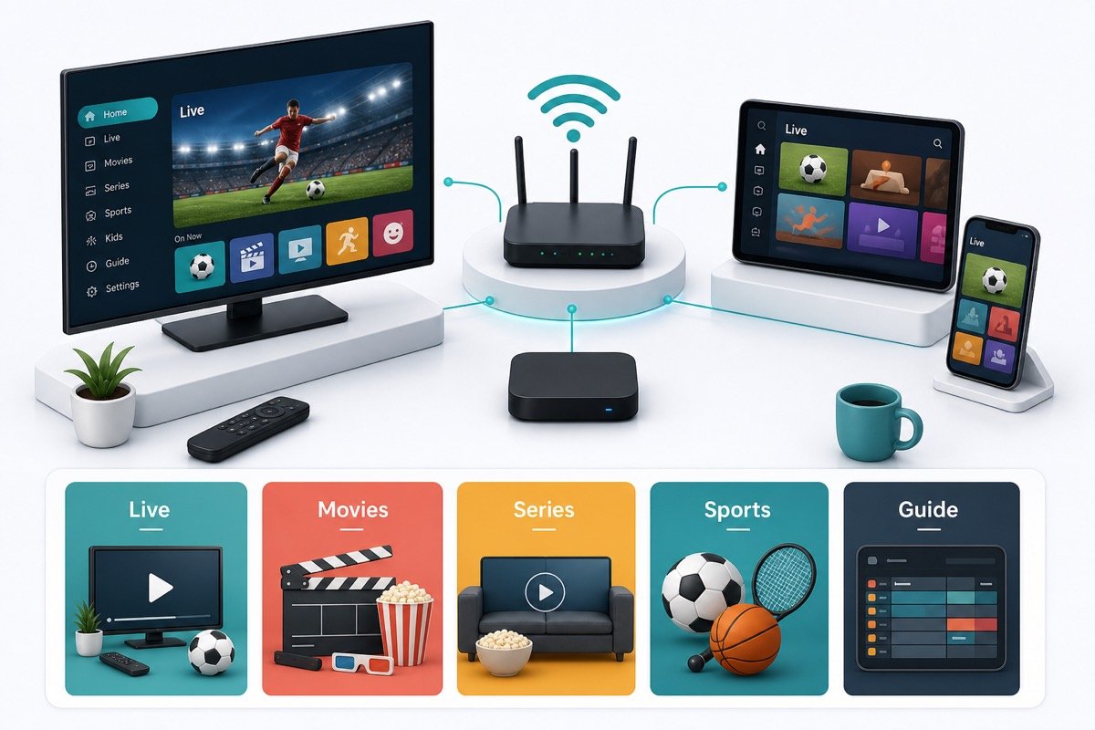 StreamFlex IPTV plan guide showing connected home streaming devices