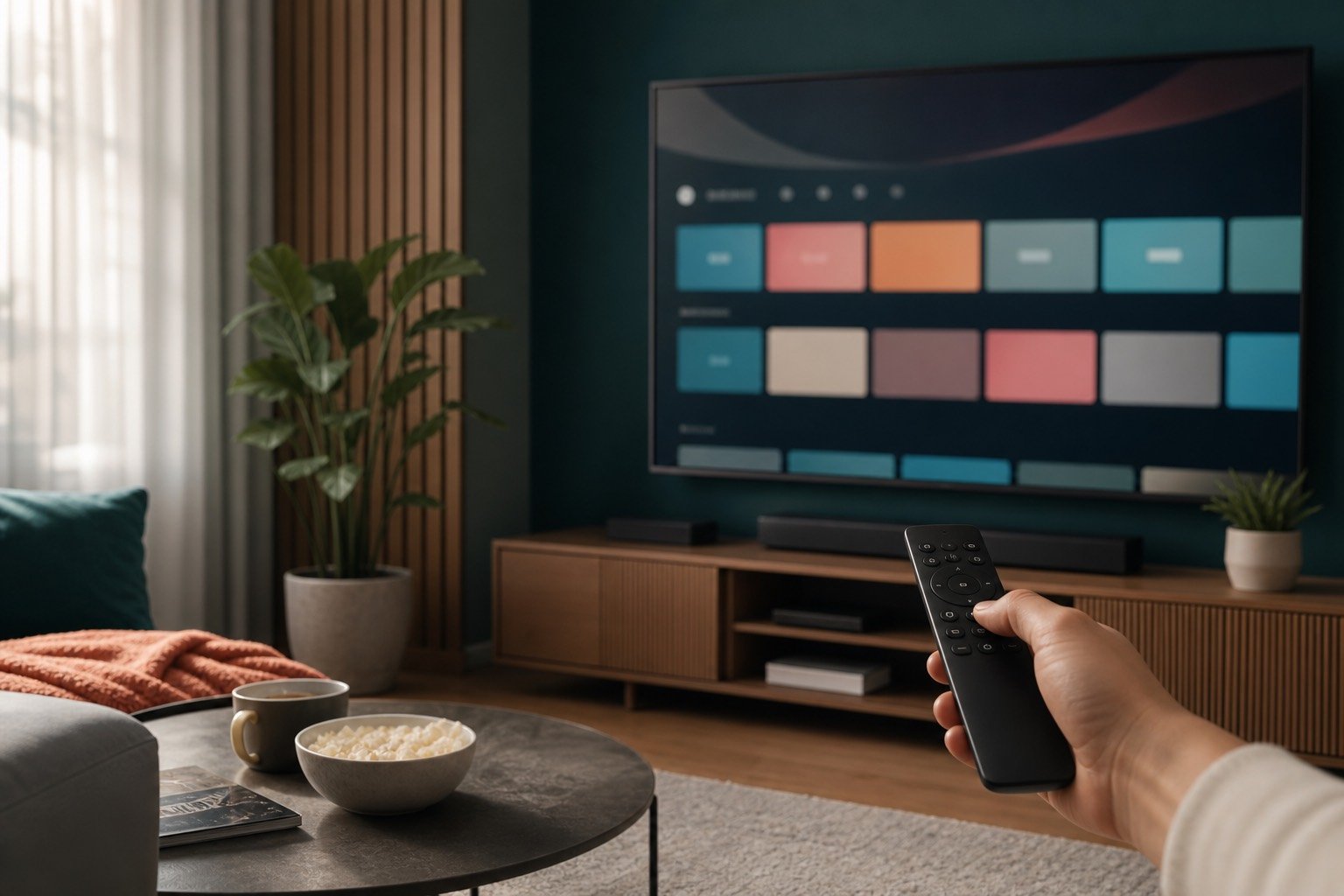 Remote control pointed toward a smart television with a streaming interface