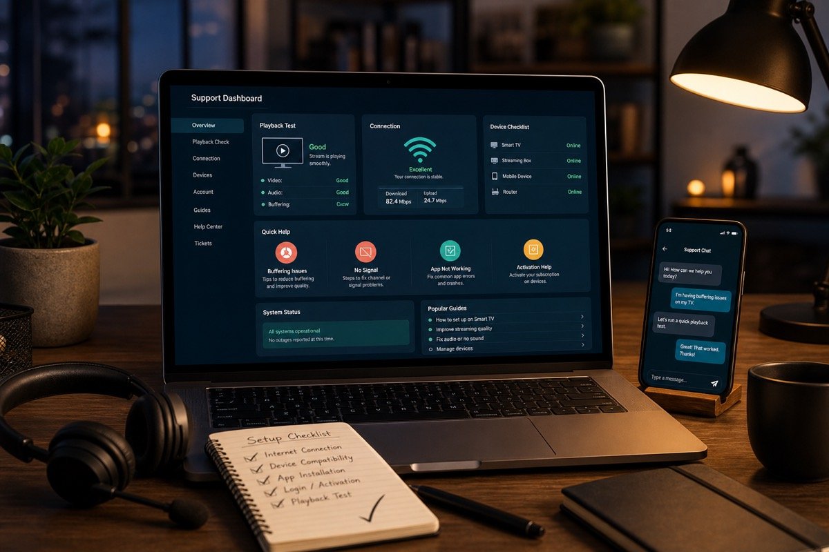 Streaming support workspace with laptop, chat, and troubleshooting checklist